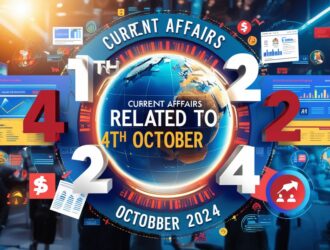 Design a vibrant cover image titled 'Current Affairs Related to 4th October 2024.' The composition should feature a central modern globe, symbolizing global connectivity. Surrounding the globe, include digital elements like breaking news headlines, financial charts, political symbols, and technology icons. The date '4th October 2024' should be prominently displayed, with bold typography. Use a dynamic color palette with blues, reds, and yellows, evoking urgency and relevance. The background should convey the feel of a bustling news environment, with subtle references to recent global events in politics, the economy, technology, and the environment.