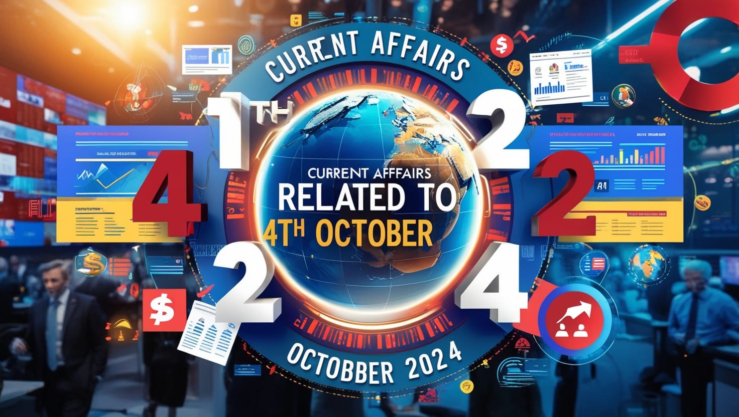 Design a vibrant cover image titled 'Current Affairs Related to 4th October 2024.' The composition should feature a central modern globe, symbolizing global connectivity. Surrounding the globe, include digital elements like breaking news headlines, financial charts, political symbols, and technology icons. The date '4th October 2024' should be prominently displayed, with bold typography. Use a dynamic color palette with blues, reds, and yellows, evoking urgency and relevance. The background should convey the feel of a bustling news environment, with subtle references to recent global events in politics, the economy, technology, and the environment.