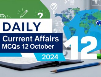 Create a modern and engaging cover image with the title "Daily Current Affairs MCQs 12 October 2024" in bold, prominent font. The background should include symbols of learning, such as a notebook, quiz checkmarks, question marks, and global elements like a world map or news icons. Use bright, dynamic colors like blue, white, and green to create a fresh, motivating look. Include subtle elements of current affairs like symbols for sports, politics, and science to reflect the quiz topics. The overall design should be clean, inviting, and knowledge-focused.