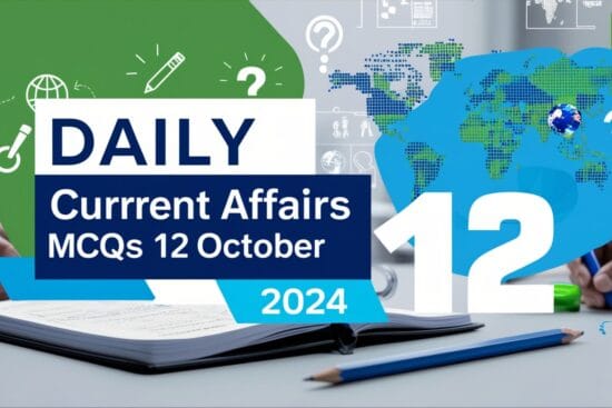 Create a modern and engaging cover image with the title "Daily Current Affairs MCQs 12 October 2024" in bold, prominent font. The background should include symbols of learning, such as a notebook, quiz checkmarks, question marks, and global elements like a world map or news icons. Use bright, dynamic colors like blue, white, and green to create a fresh, motivating look. Include subtle elements of current affairs like symbols for sports, politics, and science to reflect the quiz topics. The overall design should be clean, inviting, and knowledge-focused.