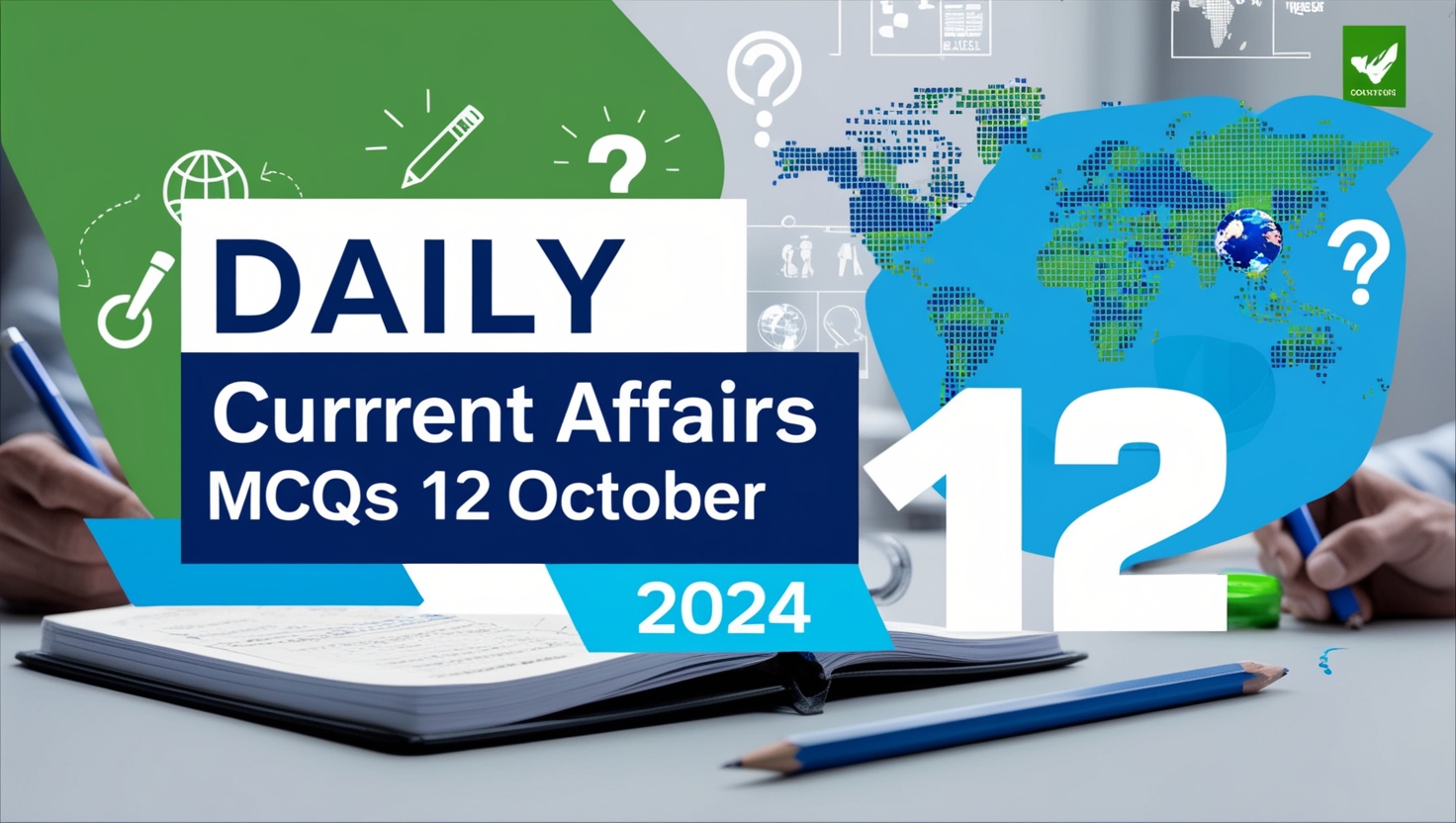 Create a modern and engaging cover image with the title "Daily Current Affairs MCQs 12 October 2024" in bold, prominent font. The background should include symbols of learning, such as a notebook, quiz checkmarks, question marks, and global elements like a world map or news icons. Use bright, dynamic colors like blue, white, and green to create a fresh, motivating look. Include subtle elements of current affairs like symbols for sports, politics, and science to reflect the quiz topics. The overall design should be clean, inviting, and knowledge-focused.